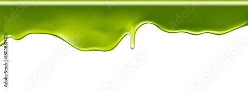 Green slime drip with 3D goo effects and toxic splatter textures. Realistic liquid splashes for Halloween zombie or radioactive designs. Transparent droplets or sticky mucus elements for banners.