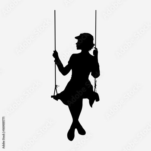 Girl Swing Silhouette Vintage Black Icon Set Graphic Art