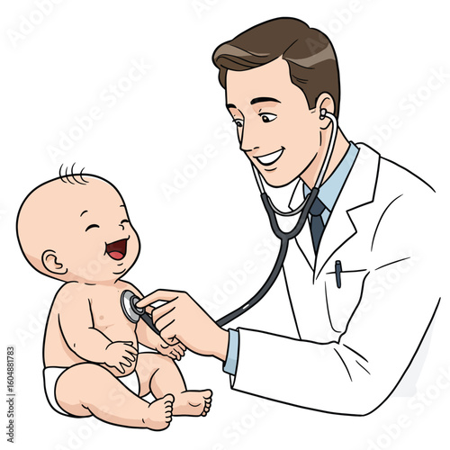 A smiling doctor in a white coat examines a happy baby with a stethoscope, checking the infant's heartbeat.