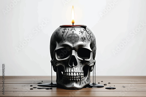 Human scull with spider and melted wax candle. Watercolor illustration. Tribal spooky clip art isolated on white background