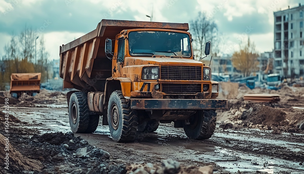 Heavy Yellow Dump Truck at Construction Site with Muddy Road and Cloudy Skies Heavy Yellow Dump Truck at Construction Site with Muddy Road and Cloudy Skies