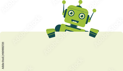 Friendly green robot peeking over a blank sign