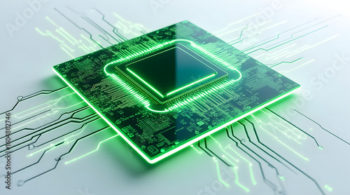 Holographic energy efficient ai processor chip glowing with green light on circuit board, futuristic technology concept with digital connections