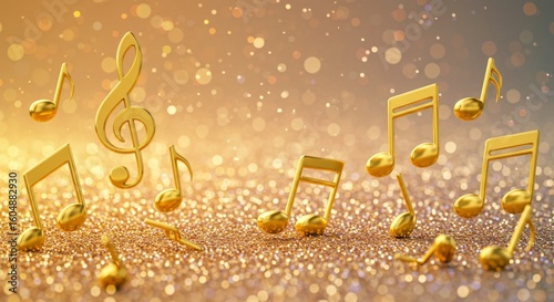 Golden Music Notes Sparkle - Shimmering gold musical notes and clef on a glittering background. Perfect for music, celebration, or luxury themes