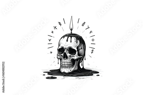 Human scull with spider and melted wax candle. Watercolor illustration. Tribal spooky clip art isolated on white background