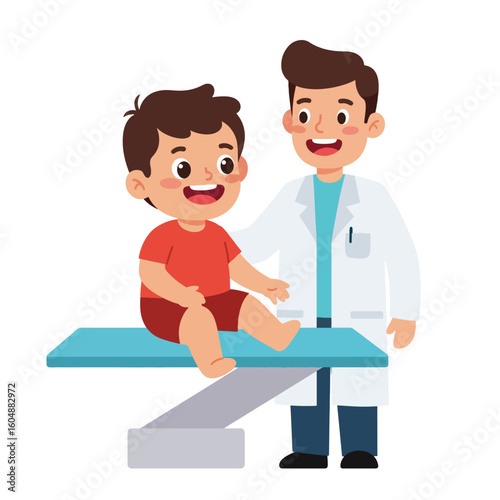 A smiling young boy sits on an examination table while a friendly doctor places his hand on the boy's shoulder.