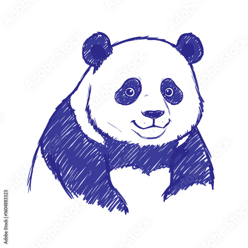 Doodle panda drawn in blue ballpoint pen and hand-colored on white background, hand-drawn sketch style