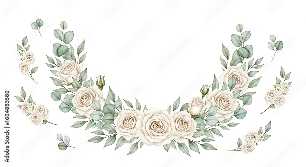 Obraz premium Elegant Watercolor Floral Wreath with White Roses and Eucalyptus for Wedding Invitations and Greeting Cards Design Beautiful Artistic Flowers Arrangement