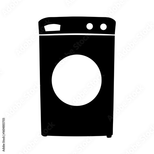 A stark silhouette of a front loading washing machine icon design