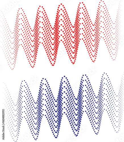 Abstract Digital Sound Waves with Red and Blue Halftone Dots – Vibrant Vector Audio Art Background