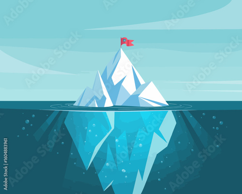 Iceberg illustration with red flag on top symbolizing success and achievement in business and life goals in icy cold water
