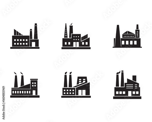 Set of industrial factory and plant building icons in silhouette style representing different types of manufacturing facilities and industrial architecture