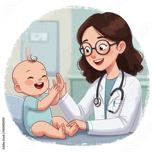 Cartoon illustration of a smiling female doctor examining a happy baby in a medical office setting.