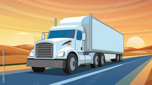 Long Haul White Truck Driving Through Highway During Sunset – Modern Freight and Logistics Industry Background – Generative AI
