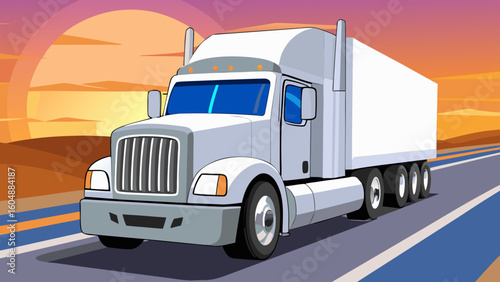 Long Haul White Truck Driving Through Highway During Sunset – Modern Freight and Logistics Industry Background – Generative AI