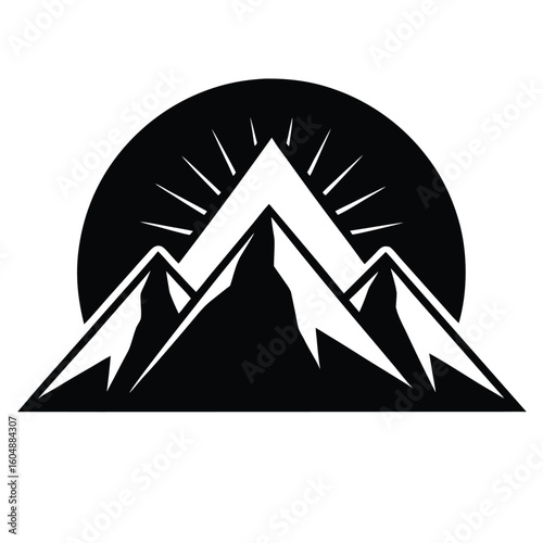 Vector art of a mountain range silhouette with a rising sun is isolated on white background