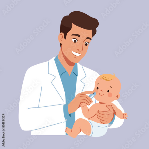 Smiling doctor in a white coat holding a baby and checking the baby's temperature with a thermometer.