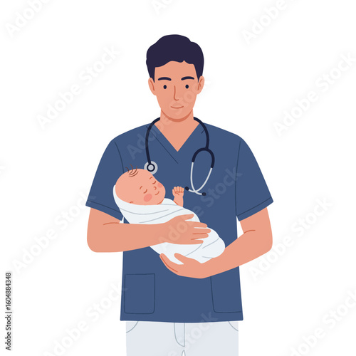 A male doctor wearing scrubs and a stethoscope holds a swaddled newborn baby in his arms.