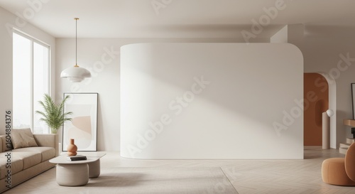 Minimalist Living Room Interior Design - Modern living room with beige sofa, curved wall, and natural light. Neutral tones and minimalist decor create a calm atmosphere