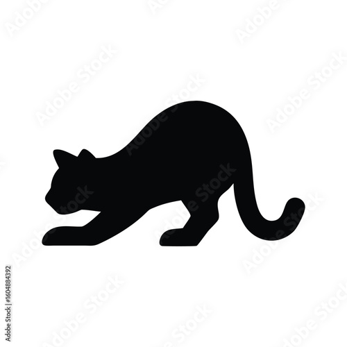 A simple black silhouette of a cat in a low, crouched position with its front paws extended, ready to pounce or play.