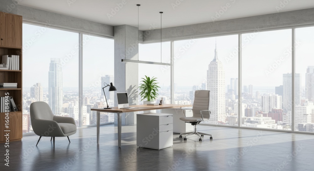 Fototapeta premium Modern City View Office - Stylish modern office with city skyline view, featuring a wooden desk, comfortable chair, and built-in shelving