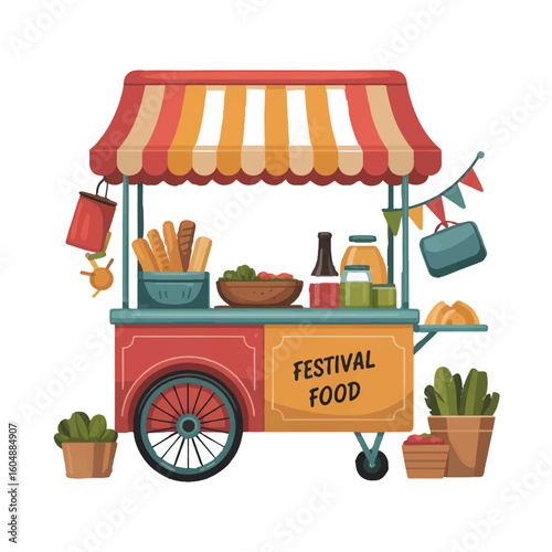 Vector art of a charming festival food cart with a striped awning and various culinary offerings