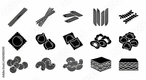 Various Pasta Types and Noodle Shapes Line Icon Set – Spaghetti, Penne, Fusilli, Ravioli, Tortellini, Macaroni, Lasagna Vector Illustration

