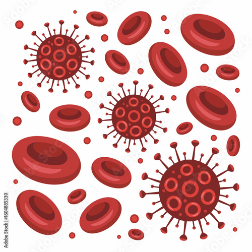 Microscopic View of Coronavirus and Red Blood Cells Scientific Illustration Showing Interaction and Health Implications with Detailed Viral Structure and Blood Components