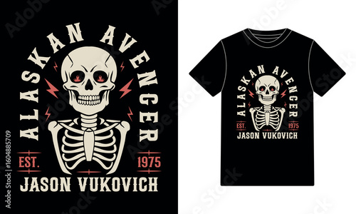 Alaskan Avenger Skeleton Vintage T-Shirt Design – Retro Skull Graphic for Streetwear & Merch