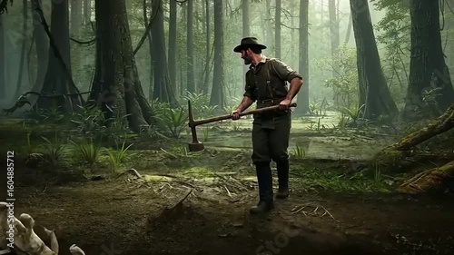 Paleontologist Excavating Dinosaur Fossil Skeleton in a Dense Green Forest