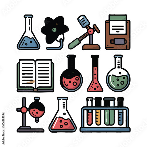 Vector art of a collection of colorful science and chemistry lab equipment