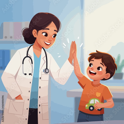 A smiling female doctor in a white coat gives a high-five to a happy young boy in a doctor's office setting.