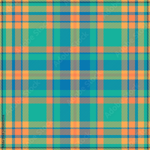 Vibrant teal, orange, and green plaid pattern.  Perfect for textile design, fashion, websites, or packaging.  This cheerful, summery design evokes feelings of warmth and energy.
