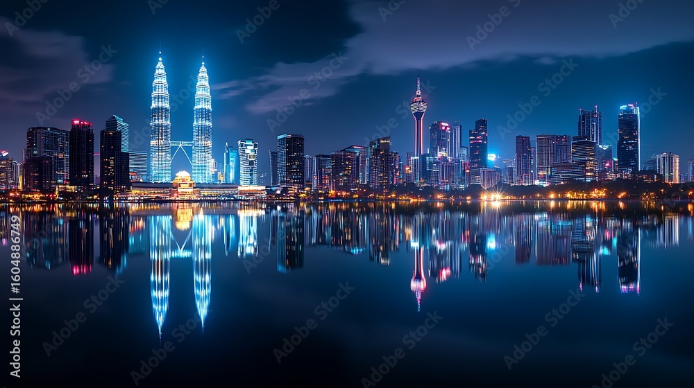 Fototapeta premium Kuala Lumpur Skyline at Night with Petronas Towers and Water Reflections View