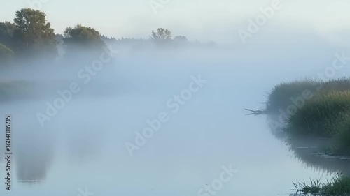 Peaceful Morning Haze: A Tranquil River Scene Shrouded in Mystical Fog