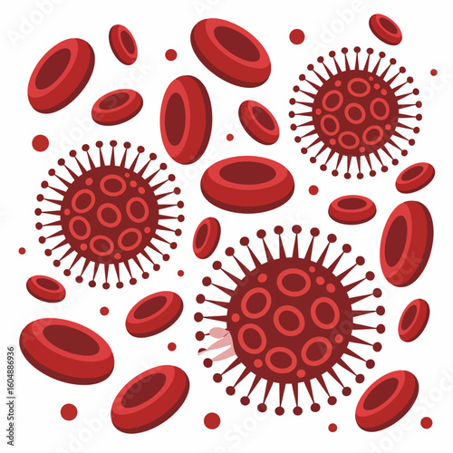 Red blood cells and viruses concept representing immune system and infectious diseases like coronavirus and other pathogens