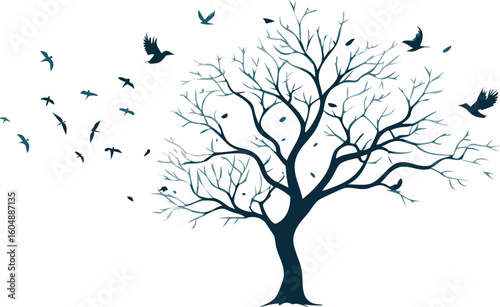  tree with flying birds on white background