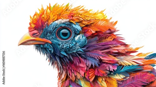 Detailed feathery chicken portrait vibrant digital art with sharp textures and bright background