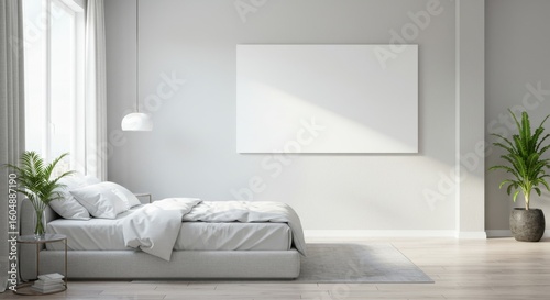 Modern Minimalist Bedroom Interior Design - Bright, airy bedroom with a minimalist aesthetic, featuring a white bed, large window, and blank canvas. Perfect for relaxation and peaceful sleep