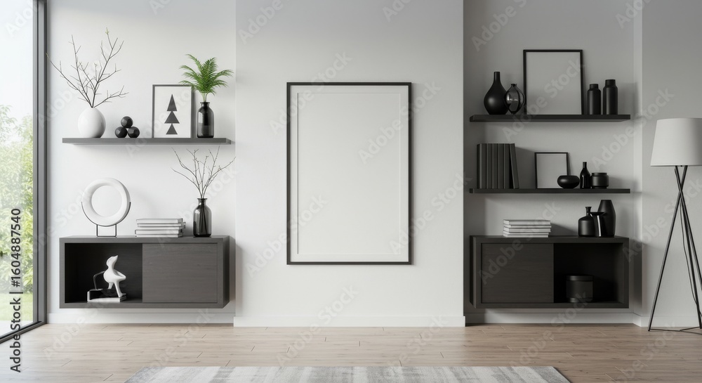 Fototapeta premium Modern Minimalist Home Decor - Stylish monochrome interior design featuring sleek furniture, empty frames, and minimalist decor. Perfect for blogs, magazines, and real estate listings