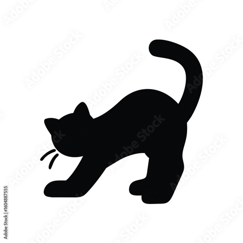 Black cat silhouette stretching on a white background