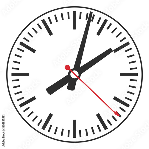 Simple clock with black hands and red second hand on white background  
