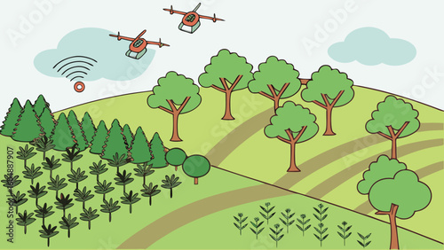 Drones flying over a green landscape with trees and fields on a sunny day for agricultural purposes
