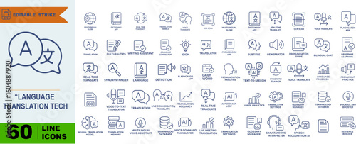 Language Translation Tech Icon Pack – 60 Line Icons Featuring Speech Recognition, Bilingual UI Elements & Multilingual Communication Tools