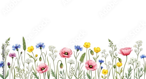 Watercolor Wildflower Border with Poppies Cornflowers Buttercups and Delicate White Flowers for Summer Designs and Invitations