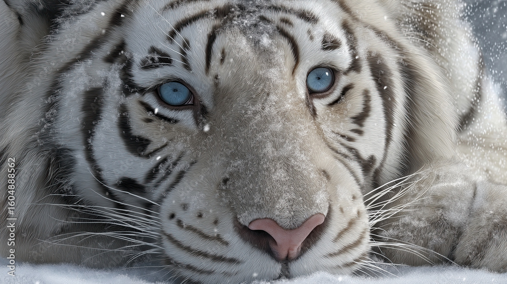 Naklejka premium A white tiger resting in snowfall with ice-blue eyes, realistic fur detail
