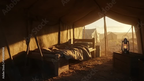 Inside a Desert Tent Camp with Beds and Lanterns at Sunset - Cinematic Shot