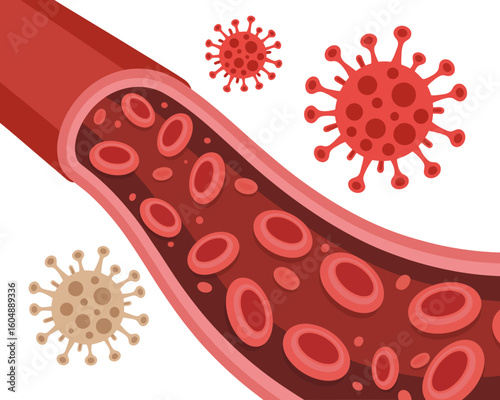Viral Infection in Bloodstream Illustration of Red Blood Cells and Viruses Affecting Health and Immunity