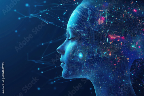 Human intelligence illuminates the global mind with a powerful blue light, a star-filled concept of technology and imagination