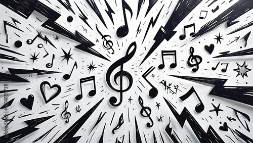 Black and white musical notes and lightning bolts scattered on a white background